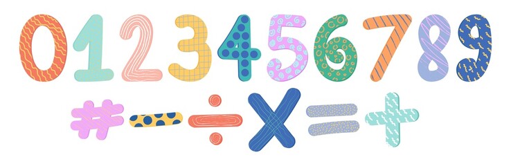 Hand drawn numbers in boho style for decoration design. Doodle set element. Vector kids art illustration.