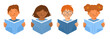 Children reading books, elementary students learning to read, kids from different ethnicities