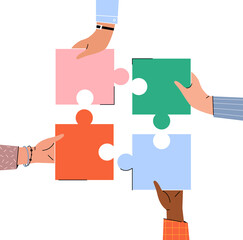 Teamwork metaphor. People's hands connecting puzzle pieces.Partnership symbol, collaboration, teamwork,successful business.