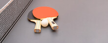 Equipment For Table Tennis - Rackets, Ball, Table, Net. Banner. Copy Space