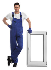 Poster - Worker with plastic window on white background. Installation service