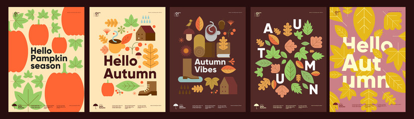 Autumn. A set of simple flat vector illustrations. Background patterns hello autumn, autumn sale, seasons. Perfect background for banner, poster, flyer, cover.