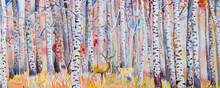 Watercolor Painting Colorful Autumn Trees Of Forest, Aspen.
