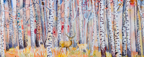 Watercolor painting colorful autumn trees of forest, aspen.