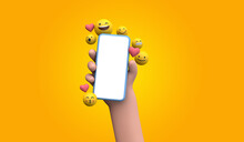Person holding a smartphone with emoji online social media icons. 3D Rendering