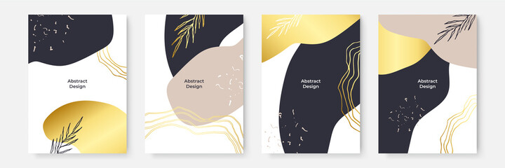 Poster - Set of abstract ink liquid card with gold lines. Wedding invitation concept. Beige mint gold poster, invite. Vector decorative greeting card or invitation design background - Vector