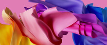 3d Render, Abstract Colorful Background With Falling Curvy Textile Ribbons And Levitating Paper Layers, Fashion Wallpaper