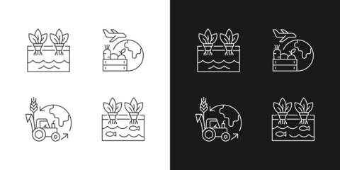 Sticker - Agribusiness linear icons set for dark and light mode. Farm business risks and failures. Certified goods. Customizable thin line symbols. Isolated vector outline illustrations. Editable stroke