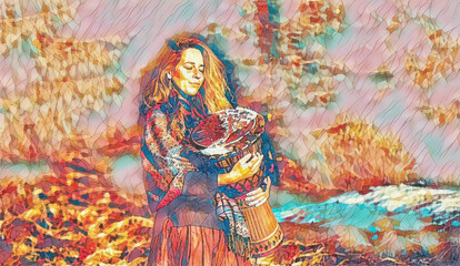 Poster - detail shamanic girl playing on drum in the nature.. Painting effect.