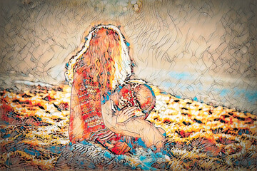 Poster - detail shamanic girl playing on drum in the nature.. Painting effect.