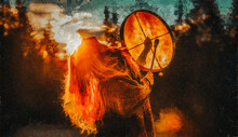 Beautiful Shamanic Girl Playing On Shaman Frame Drum In The Nature.