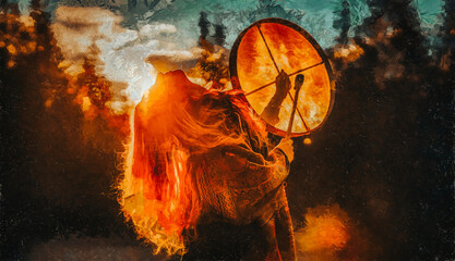Poster - beautiful shamanic girl playing on shaman frame drum in the nature.