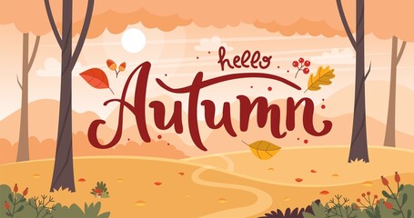 Autumn landscape with lettering. Countryside landscape. Vector illustration in flat style