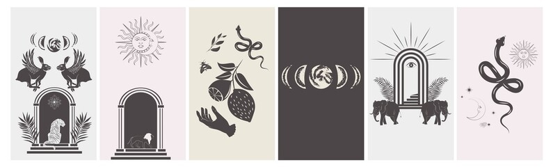 Wall Mural - Collection of stories design template with astrology and mystical elements. Editable vector illustration.