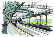 Passenger Train Arrives To The Platform To The  Station Within A City. Hand Drawn Sketch
