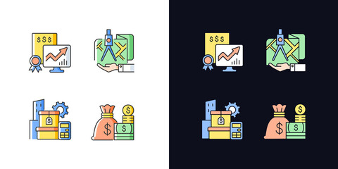 Sticker - Assets management light and dark theme RGB color icons set. Cash and marketable securities. Public stock. Isolated vector illustrations on white and black space. Simple filled line drawings pack