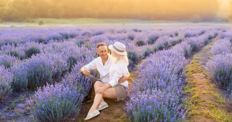 Wall Mural - Beautiful couple on the lavender field