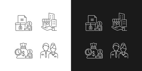 Wall Mural - Building ownership linear icons set for dark and light mode. Account receivable. Business investment. Customizable thin line symbols. Isolated vector outline illustrations. Editable stroke