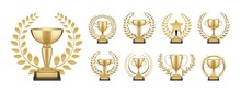 Golden Trophy. Winner Gold Cup, Realistic Award With Wreath. Sport Competition, Championship Or Leader. First Place Awards, Anniversary Isolated Vector Elements