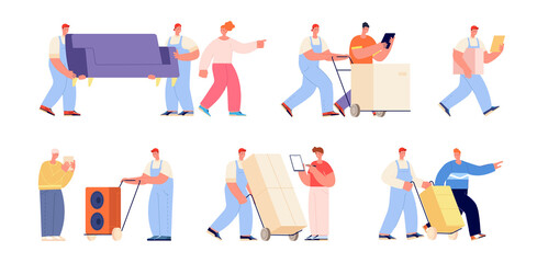 Poster - Moving and delivery service. Women delivering box, movers and clients. Warehouse workers, men helping relocation, carrying furniture utter vector set