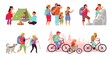 © MicroOne - Family nature adventures. Happy trekking, cartoon tourist hiking. People in camping, active fun lifestyle. Outdoor hike walk decent vector set