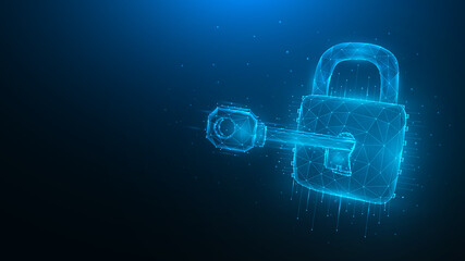Cyber security low poly art. Polygonal vector illustration of a key and lock on a blue background. Cyber attack or data hacking concept.
