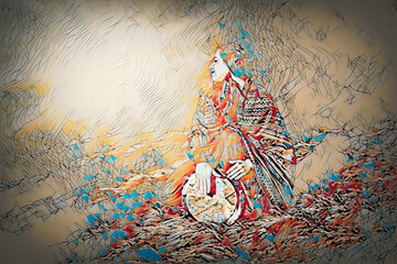 Wall Mural - detail shamanic girl playing on shaman frame drum in the nature.. Painting effect.