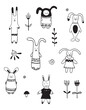 Vector set with decorative rabbits and flowers. Cartoon character. Scandinavian style.