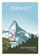 Stylish Ski And Travel Poster. Winter View Of The Matterhorn Near Zermatt With A Ski Lift