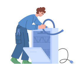 Professional plumber in uniform repair dishwasher at home kitchen.