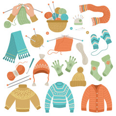 Poster - knitted wool clothes. hands craft hobby fashion cold weather clothes cardigans scarf sweater fabric 