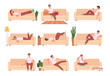 © ONYXprj - Person relaxing on sofa. Man sitting on couch sleeping thinking character dreaming in various poses nowaday vector cartoon pictures set