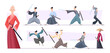 © ONYXprj - Samurai warriors. Aggressive asian samurai fighters with sword exact vector characters in action poses