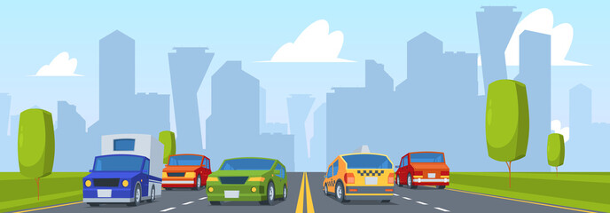 Wall Mural - Cars on road. Speed automobile outdoor highway with four traffic line driving tunnel garish vector cartoon background with urban landscape