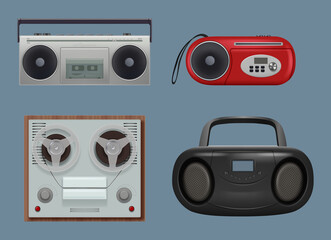Poster - recorders. vintage realistic reel recorders sound machines with music tape 80s gadgets portable ster
