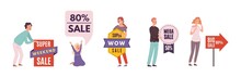 People Hold Sale Banners. Shopping Characters, Discount Concept With Cute Cartoon Byers Vector Set
