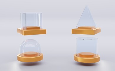 Poster - Glass cube box, pyramid, cylinder, sphere or dome on golden stand isolated on white background. Mockup empty clear showcases of plexiglass or acrylic for display on plastic podium. Realistic 3d set