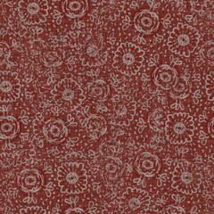 Wall Mural - Seamless french floral farmhouse woven linen texture. Two tone red shabby chic pattern background. Modern vintage fabric cloth effect. Drawn flower material rustic cottage decor all over print