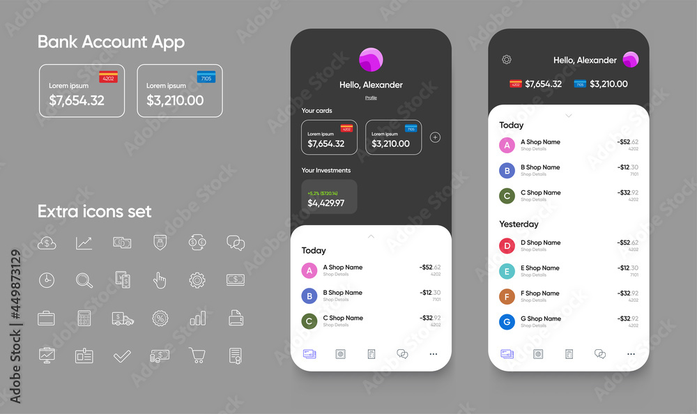 Banking App User Interface (UI) for Smartphones with Extra Set of Icons ...