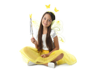 Sticker - Cute little girl in fairy costume with yellow wings on white background