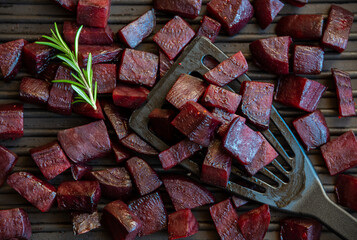 Wall Mural - Beets in frying pan, cooked vegetables, healthy vegan food