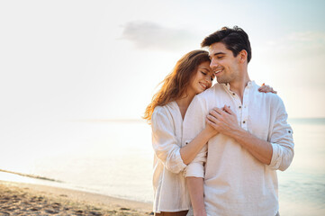 happy young couple two friend family man woman in casual clothes hug girlfriend put head on boyfrien