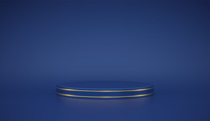 blue round podium. scene and 3d platform with gold circle on blue background. blank pedestal minimal