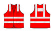 Safety reflective vest icon sign flat style design vector illustration set. Red fluorescent security safety work jacket with reflective stripes. Front and back view road uniform vest.