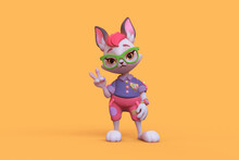 Young Smiling Scout Hare Boy Dressed In Red Pants, Blue Shirt With Badges And Patches Doing Victory Sign. 3d Render Of Cartoon Bunny With Bangs In Green Glasses, Compass On His Hand On Yellow Backdrop