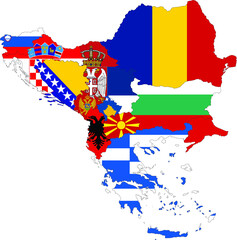 Poster - Map of Balkan peninsula countries with national flag