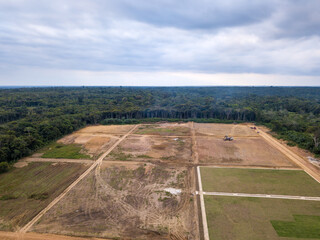 Sticker - Aerial view of deforestation of Amazon rainforest. Forest trees destroyed to open land for commercial area. Concept of environment, ecology, climate change, global warming, carbon emissions. Amazonas.