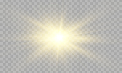 Fototapete - Flare with golden rays of light and magic sparkles. Bright Star. Abstract golden rays will raise. Transparent glitter gradient gloss, bright flash. Gold shining sun with transparent rays. Vector.