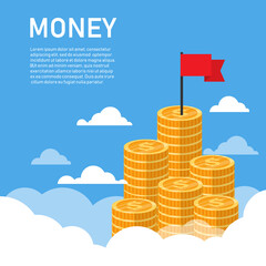 Canvas Print - business money concept. growth money stairs with red flag on sky. achievement success financial. vector illustration in flat style modern design.