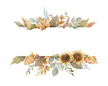 Watercolor Vector Autumn Banner With Sunflower, Leaves And Branches.